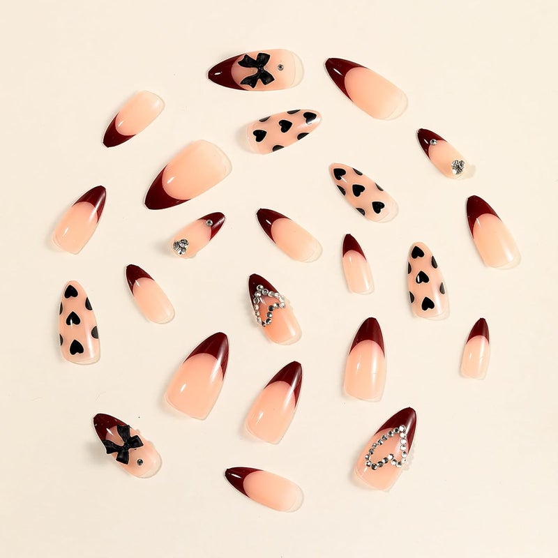 ASABITE 24Pcs Valentines Almond Press on Nails Short Medium Fake Nails French Tip False Nails with Rhinestone Bow Design Valentines Heart Nail Handmade Nails Press ons Full Cover Artificial Nail for Women - Image 3